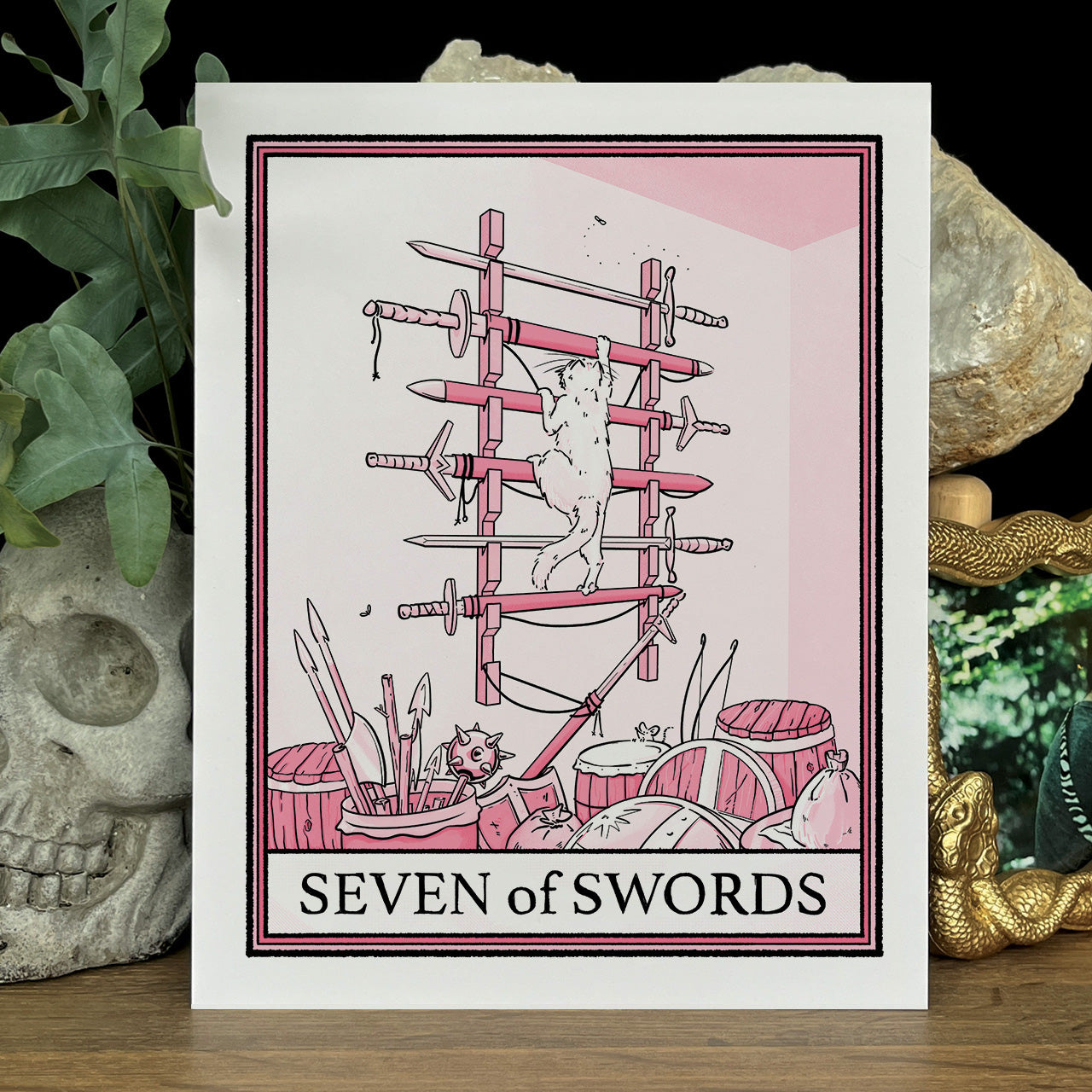 Pink cat tarot Seven of Swords print
