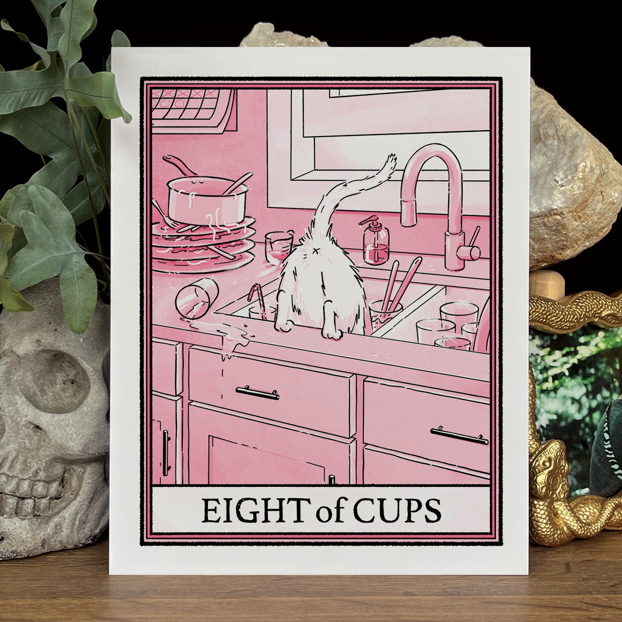 Pink cat tarot Eight of Cups print