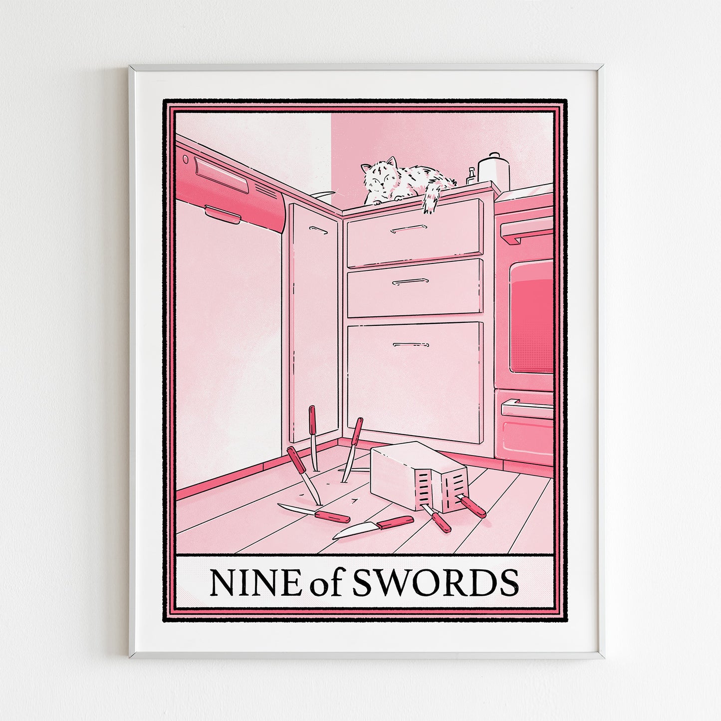 Pink cat tarot Nine of Swords print