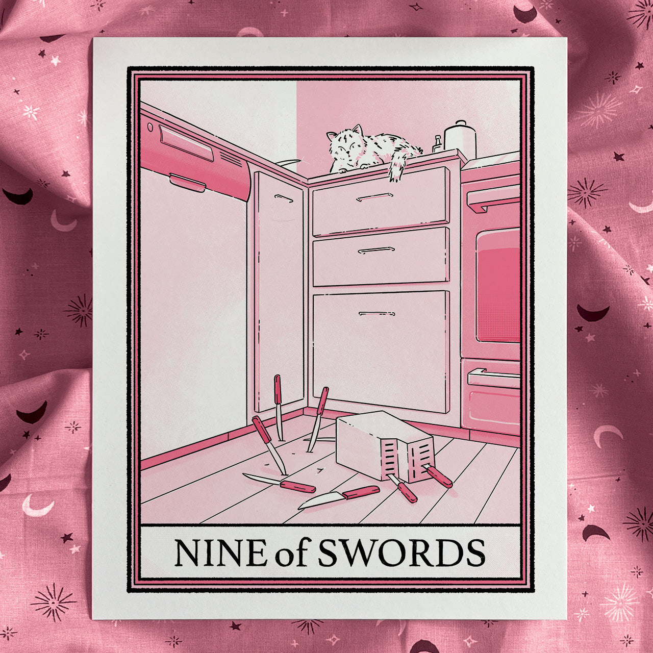 Pink cat tarot Nine of Swords print