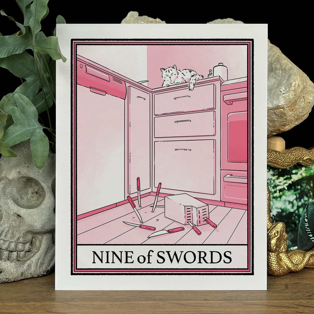 Pink cat tarot Nine of Swords print
