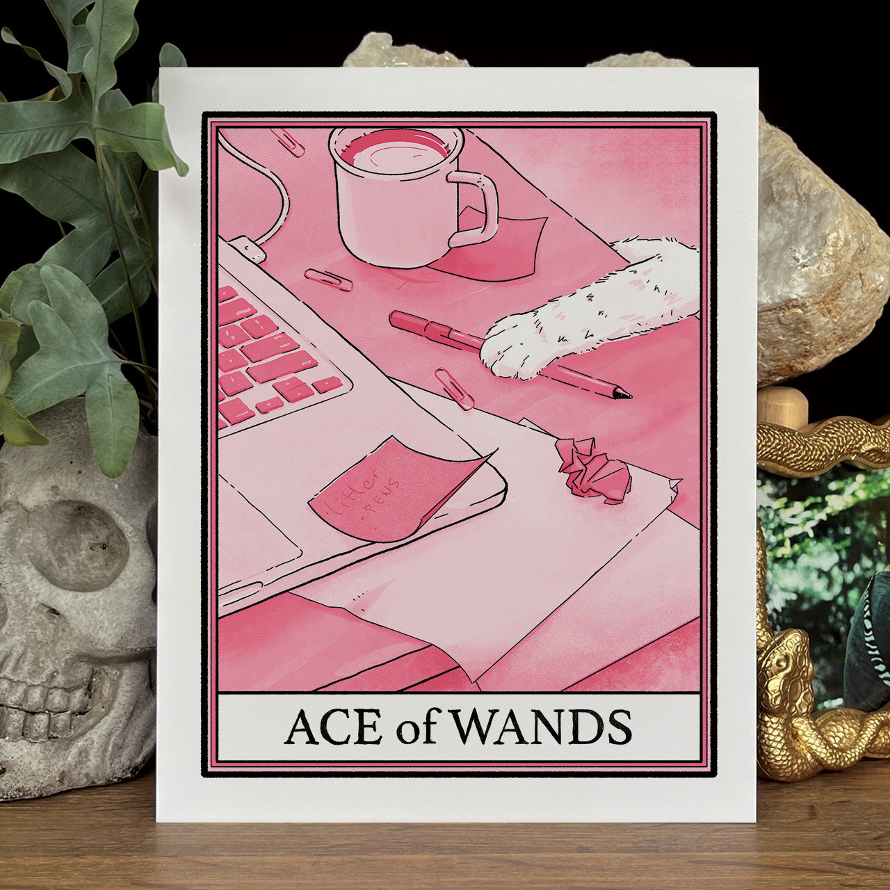 Pink cat tarot Ace of Wands print