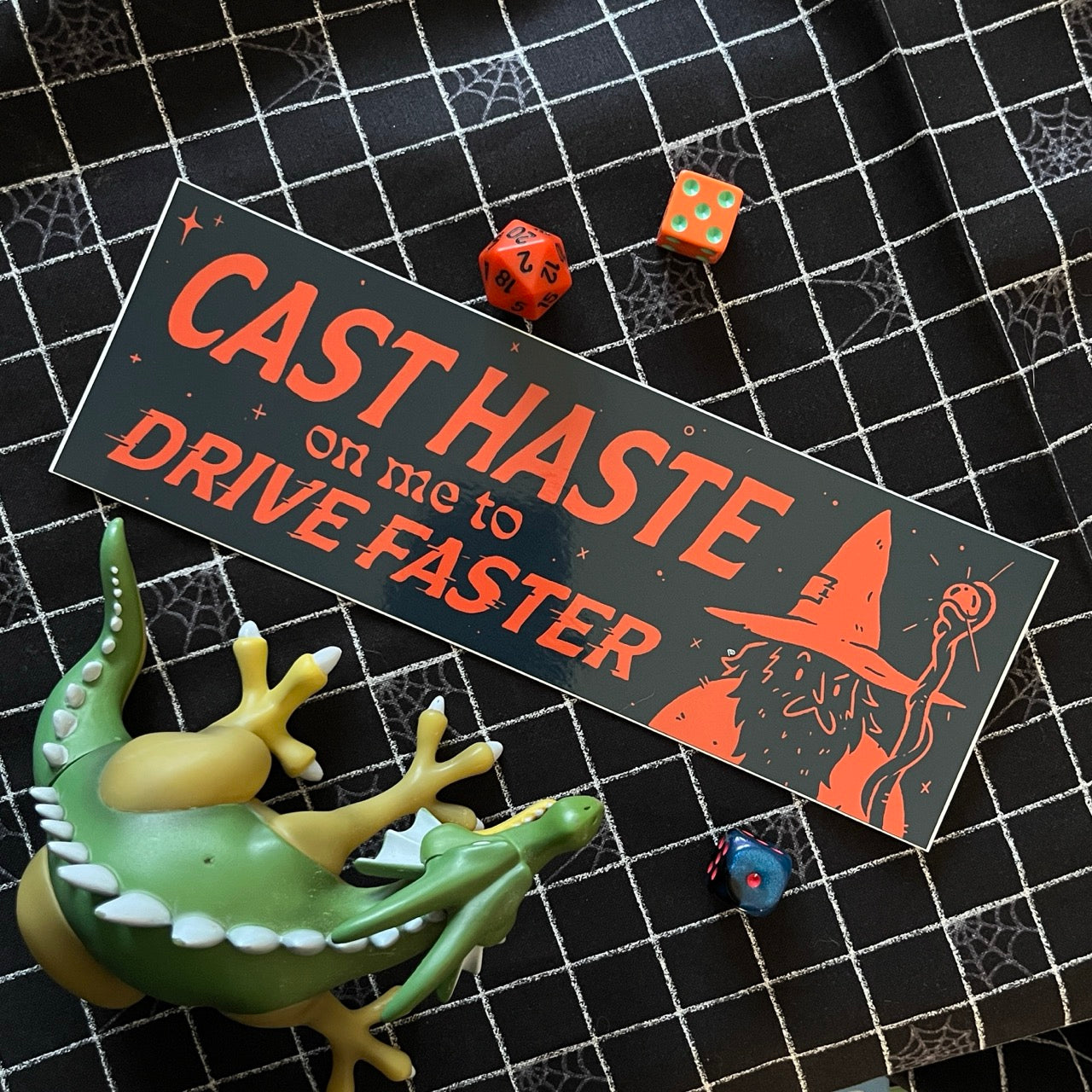 Bumper sticker with wizard and Cast Haste on Me to Drive Faster text